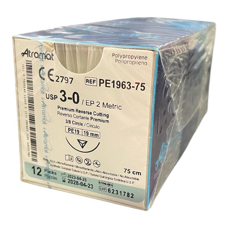 Поліпропілен монофіламент синій, не розсмоктується USP 3-0 (EP2) зі зворотн.-ріж. голкою 19мм, 3/8кола, довж. нитки 75см